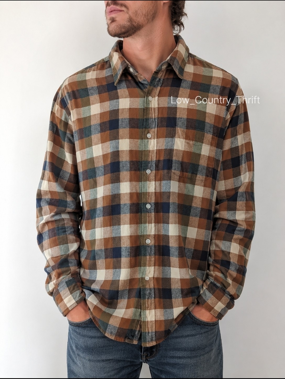 J.Crew Classic Flannel Shirt XXL Brown Blue Green Plaid 100% Cotton Pocket